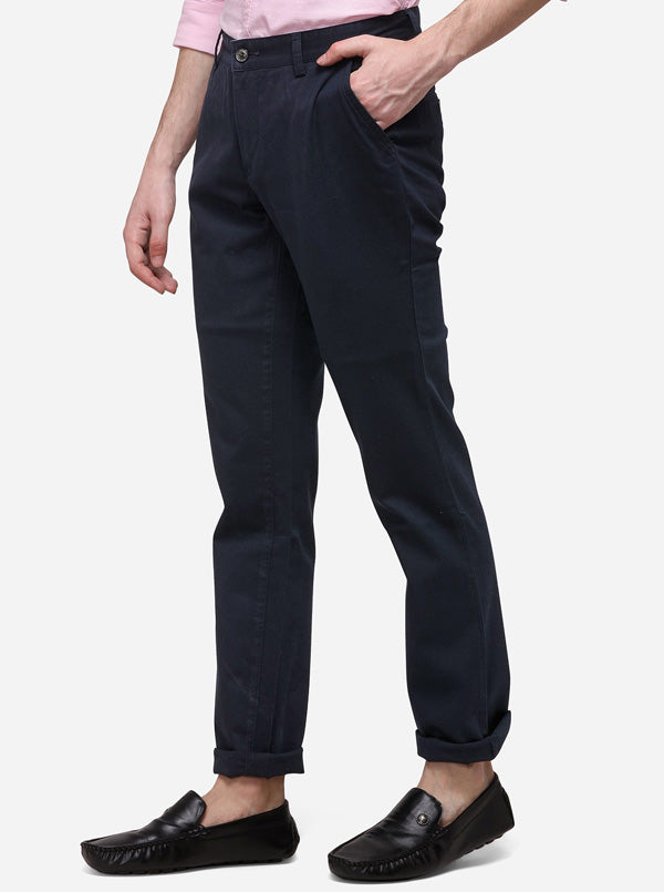 Navy Blue Slim Fit Solid Casual Trouser | JadeBlue