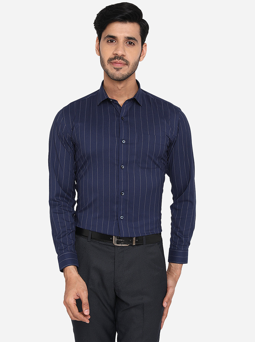 Navy Blue & White Striped Slim Fit Formal Shirt | Greenfibre