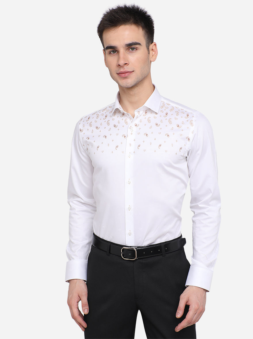 White & Brown Printed Slim Fit Party Wear Shirt | JB Studio