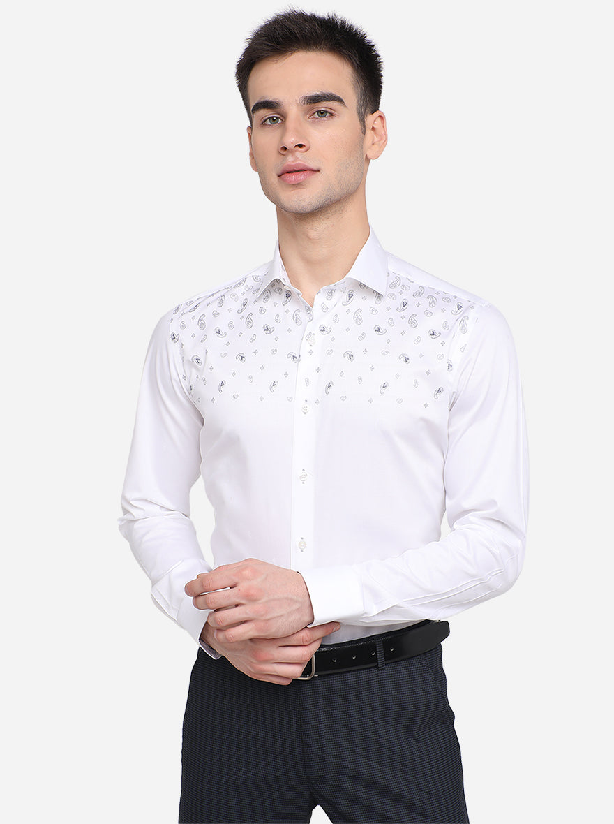 White & Grey Printed Slim Fit Party Wear Shirt | JB Studio