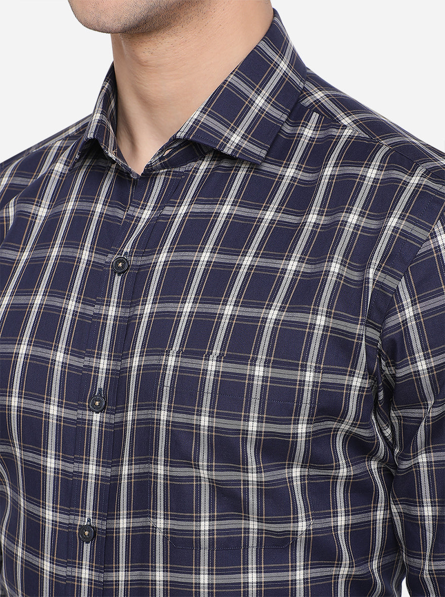 Navy Blue Checked Slim Fit Formal Shirt | JadeBlue