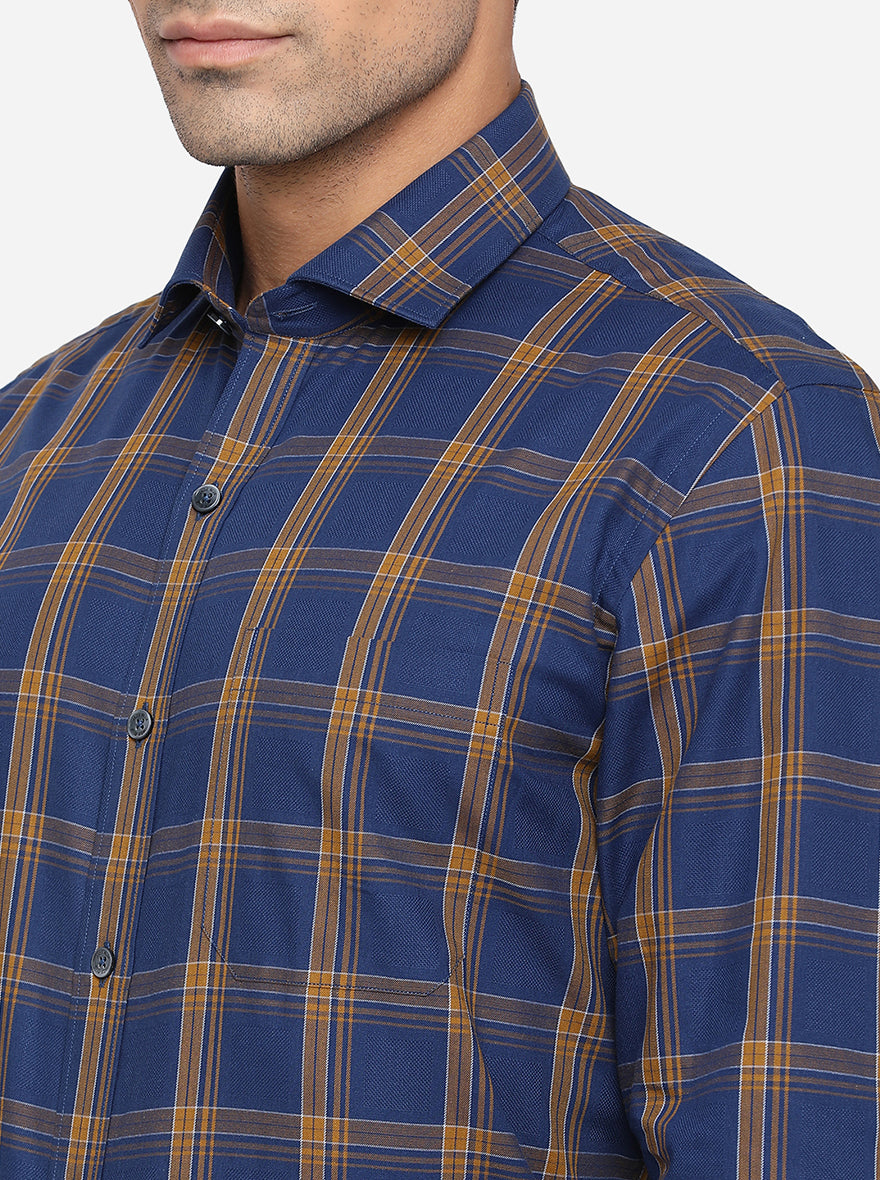 Navy Blue & Khaki Checked Slim Fit Formal Shirt | JadeBlue
