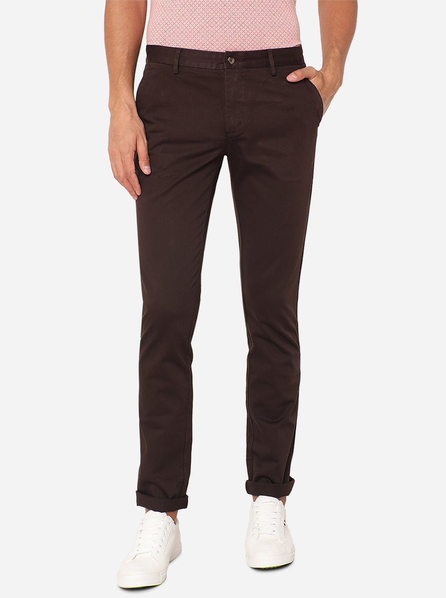 Coffee Brown Solid Super Slim Fit Casual Trouser | Greenfibre