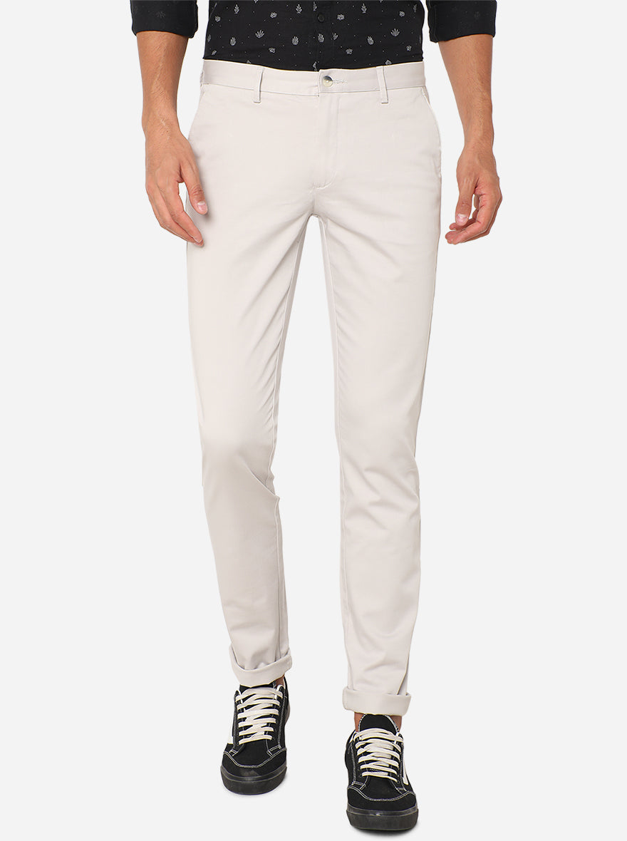 Off-White Solid Super Slim Fit Casual Trouser | Greenfibre