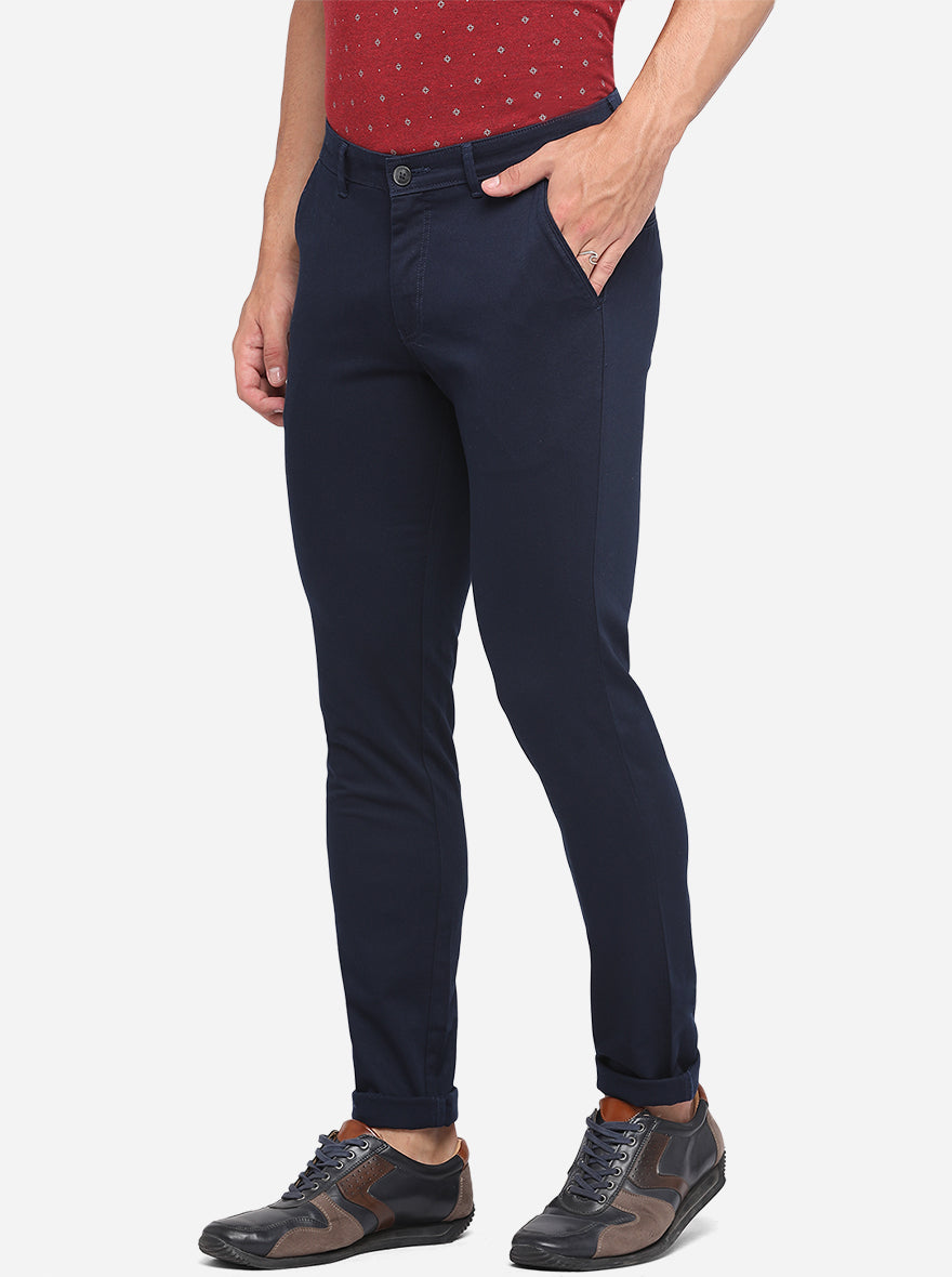 Navy Blue Solid Neo Fit Casual Trouser | Greenfibre