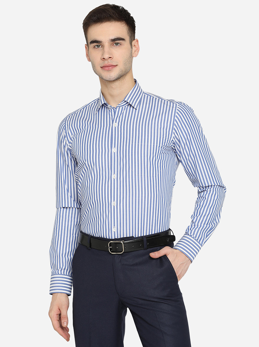 Blue & White Striped Slim Fit Formal Shirt | JadeBlue Youth