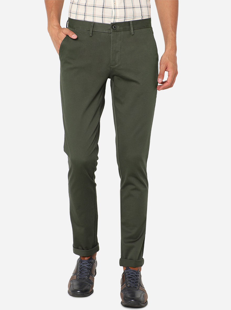Olive Green Solid Uno Fit Casual Trouser | JadeBlue Sport
