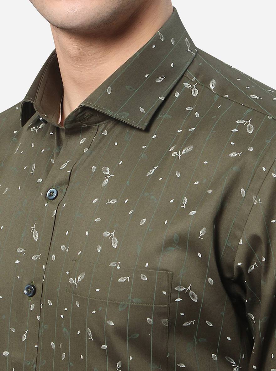 Dark Green Printed Slim Fit Formal Shirt | Greenfibre