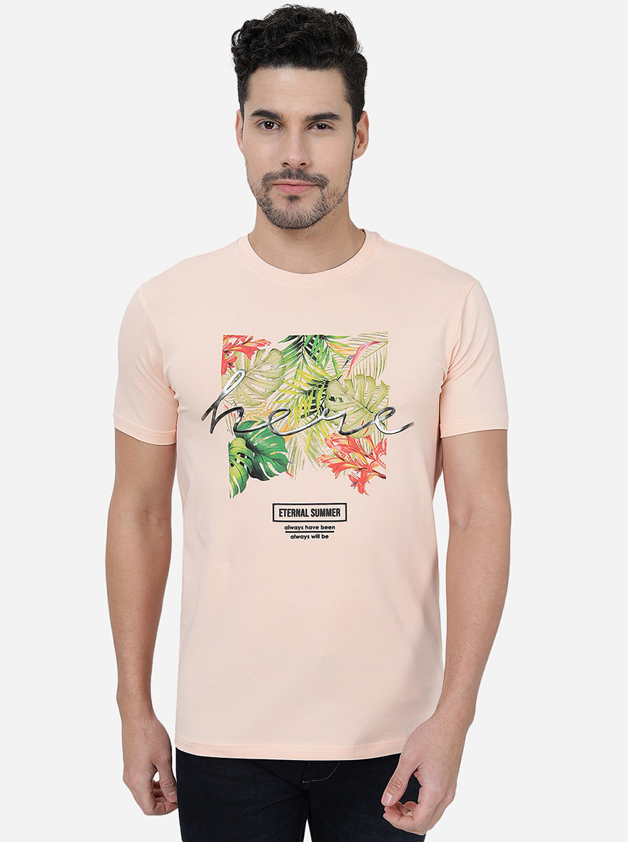 Peach Printed Slim Fit T-Shirt | JadeBlue