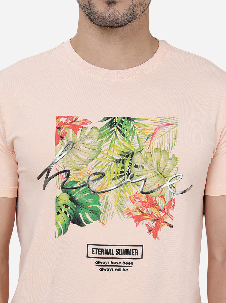 Peach Printed Slim Fit T-Shirt | JadeBlue
