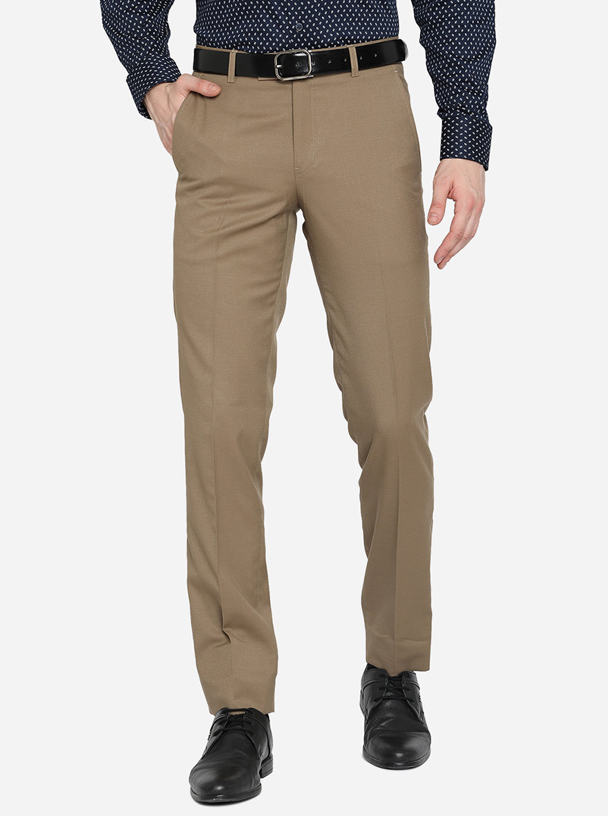 Khaki Solid Slim Fit Formal Trouser | Metal