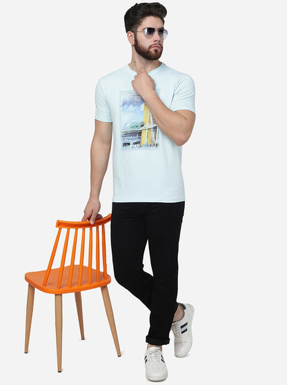 Glass Blue Printed Slim Fit T-Shirt | JadeBlue