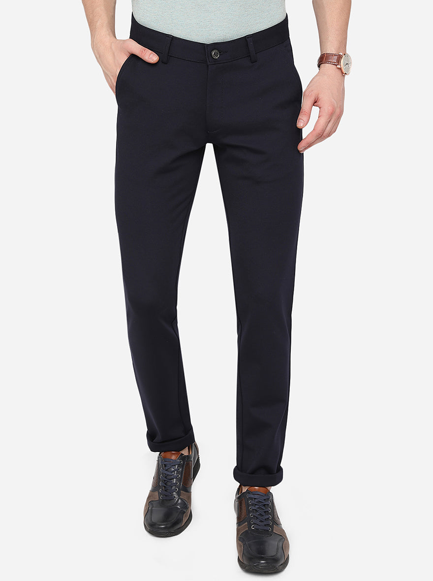 Navy Blue Solid Slim Fit Formal Trouser | JB Studio