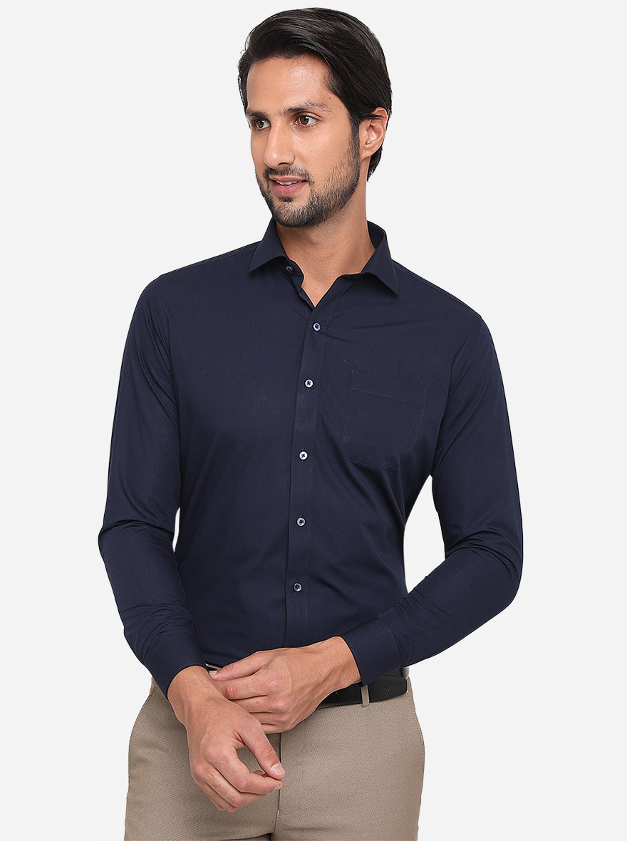 Navy Blue Solid Slim Fit Formal Shirt | Greenfibre