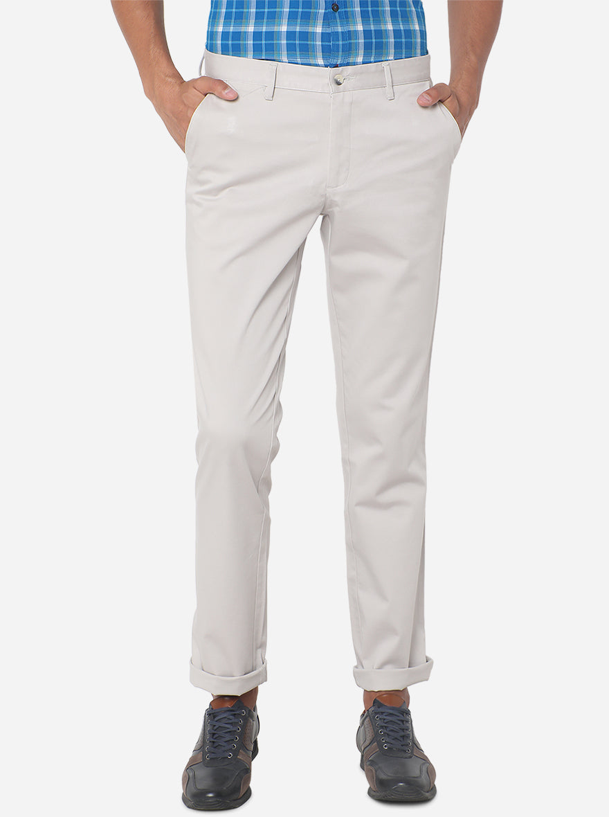 Cream Solid Slim Fit Casual Trouser | Greenfibre
