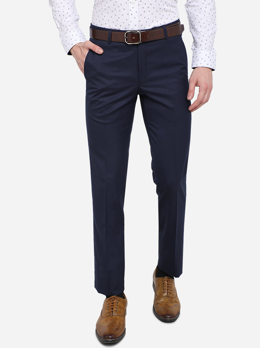 Navy Blue Solid Slim Fit Formal Trouser | Metal