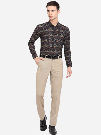 Beige Solid Slim Fit Formal Trouser | Metal