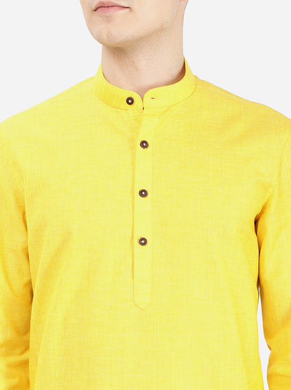 Bright Yellow Self Textured Regular Fit Modi Kurta | Modi Kurta