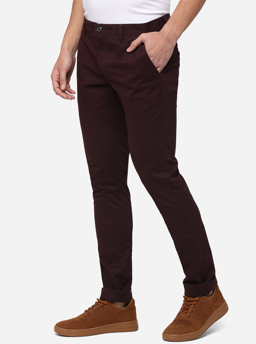 Dark Wine Solid Slim Fit Casual Trouser | JadeBlue