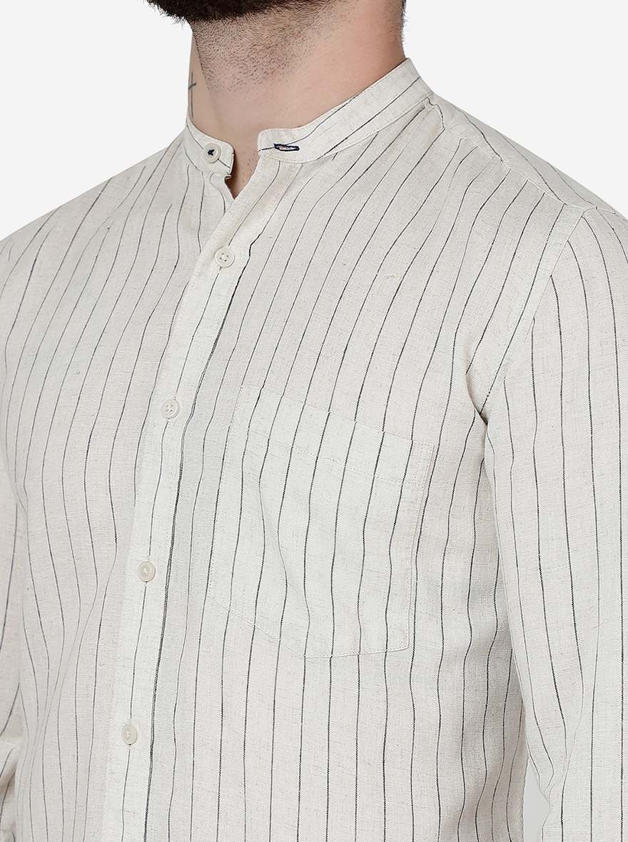 Light Khaki Striped Slim Fit Semi Casual Shirt | JadeBlue