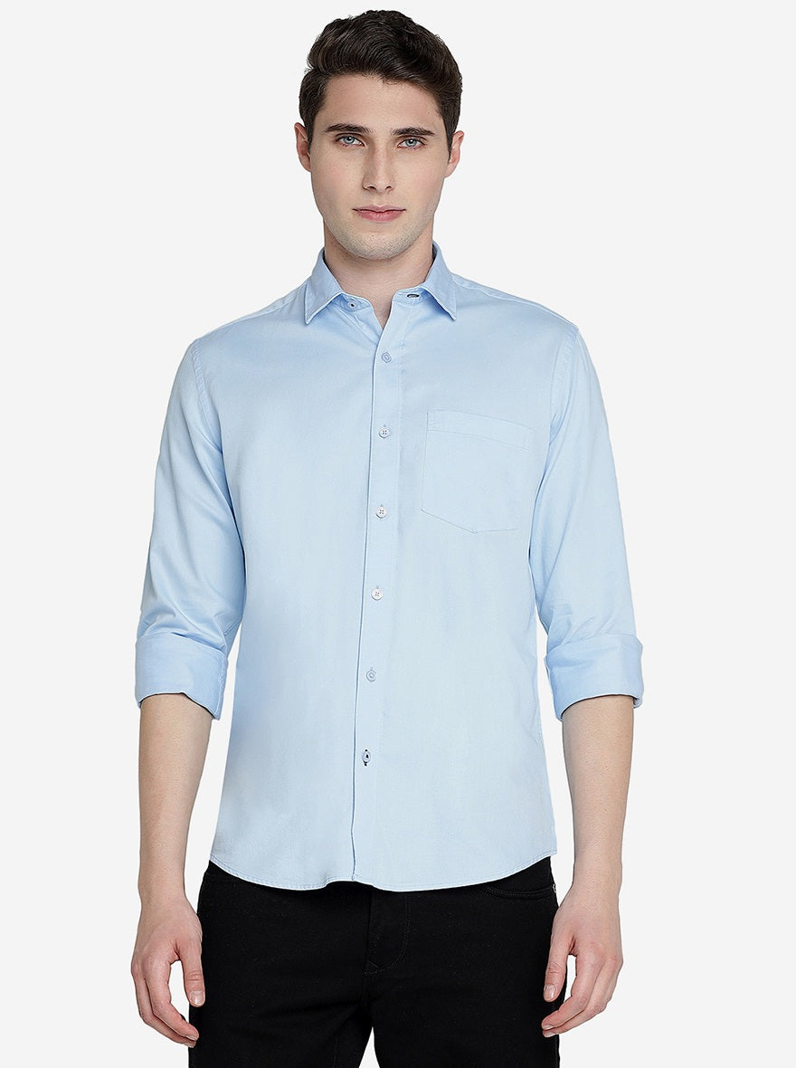 Blue Solid Slim Fit Semi Casual Shirt | JadeBlue