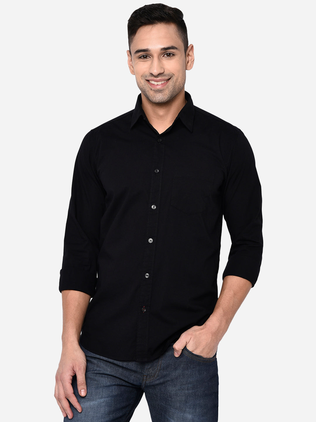 Jet Black Solid Slim Fit Semi Casual Shirt | JadeBlue