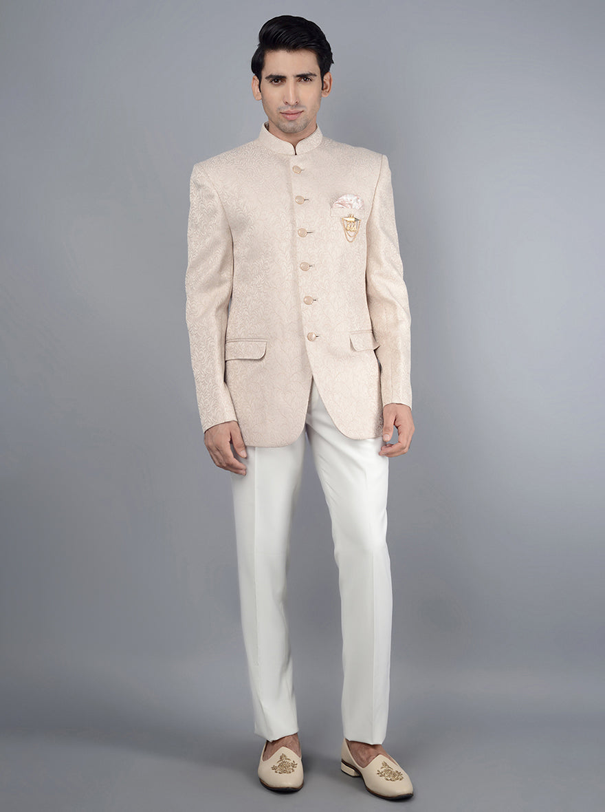 Cream Plain-Solid Premium Wool Blend Bandhgala/Jodhpuri Suits for Men.