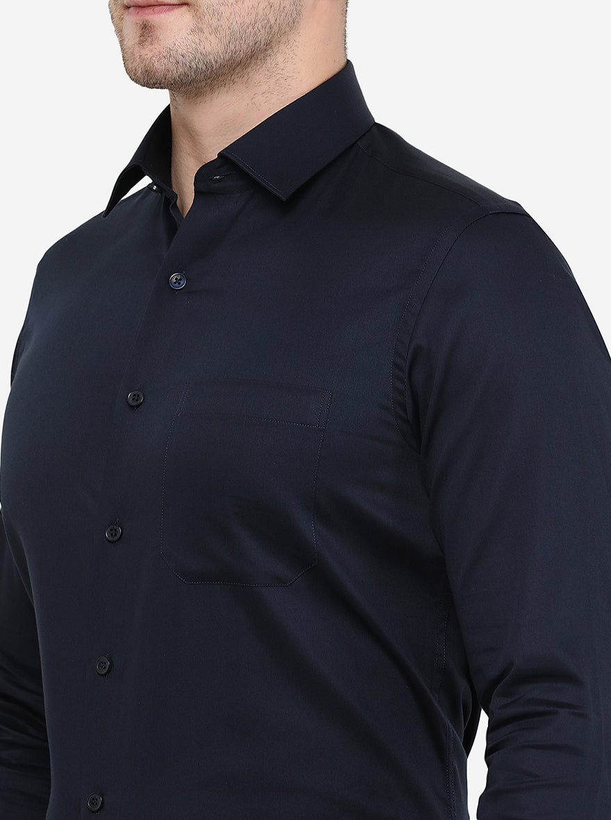 Navy Blue Solid Slim Fit Formal Shirt | JadeBlue