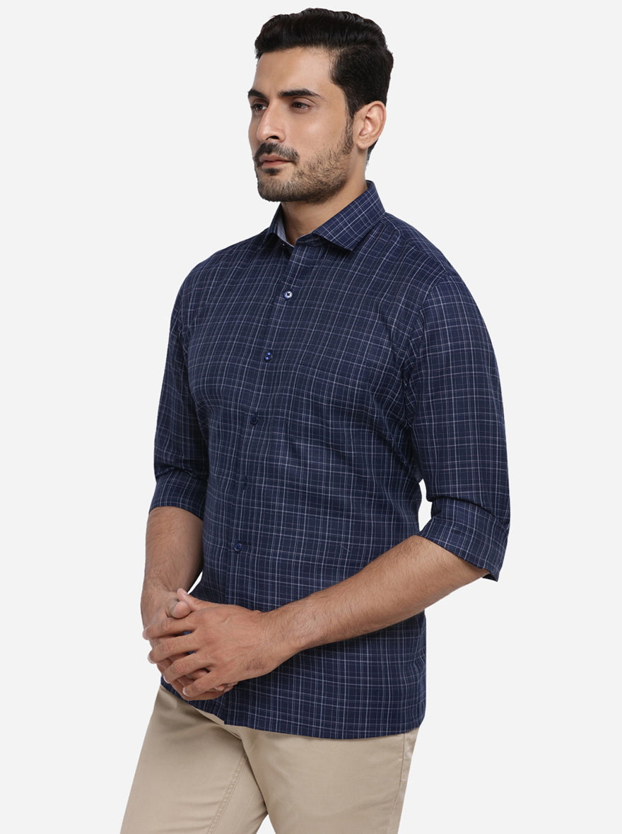 Dark Blue Checked Regular Fit Formal Shirt | Greenfibre