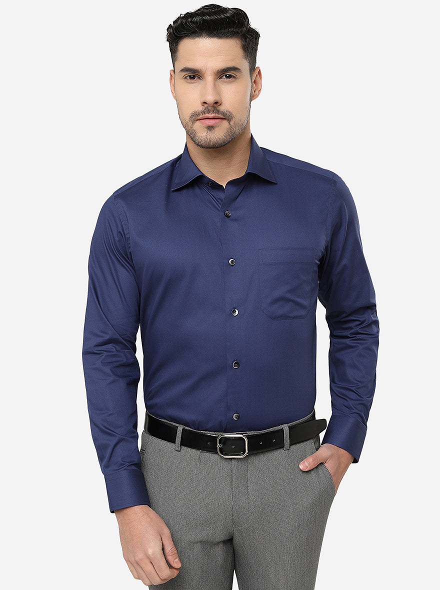 Navy Blue Solid Slim Fit Formal Shirt | Metal