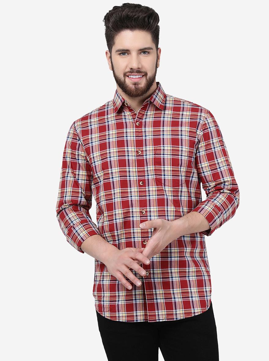 Peach Rust & Blue Checked Slim Fit Casual Shirt | JadeBlue