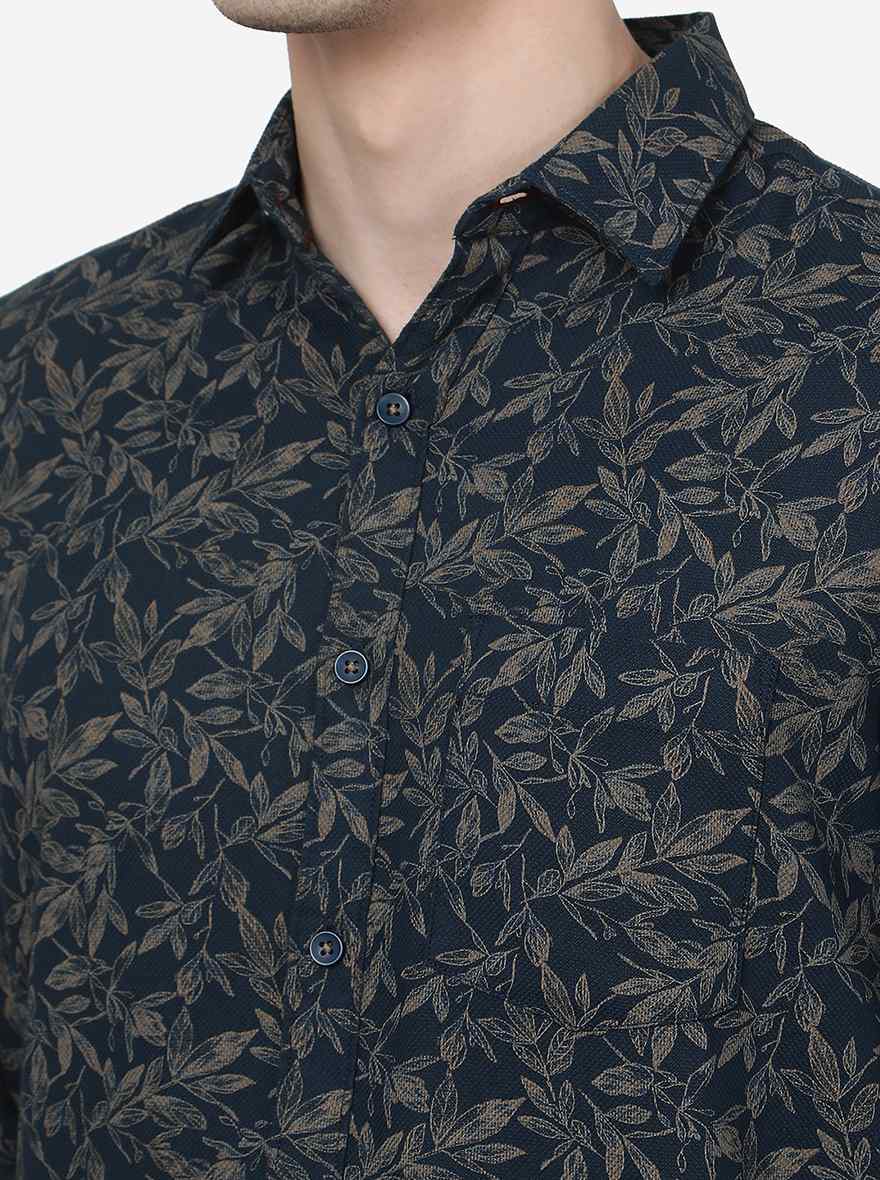 Navy Blue Printed Slim Fit Casual Shirt | JadeBlue