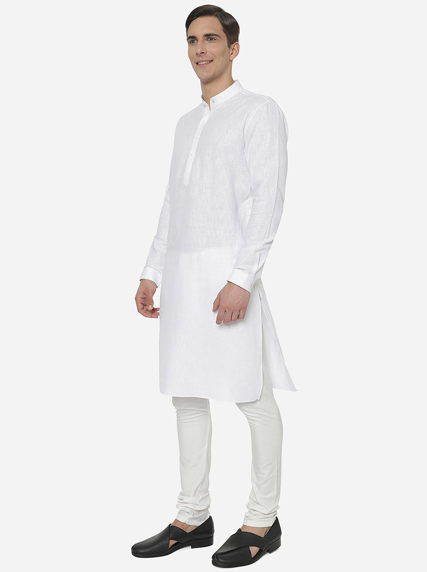 White Self Textured Regular Fit Modi Kurta | JadeBlue