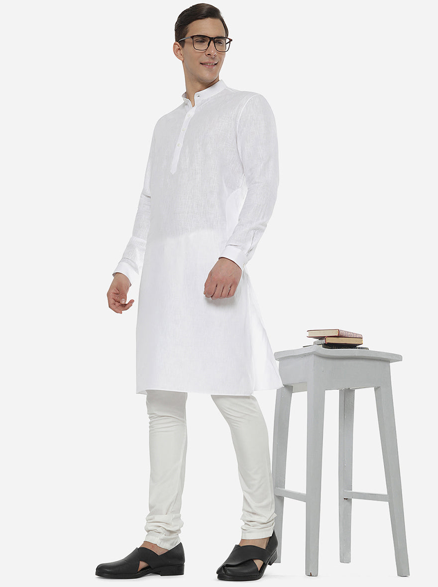 White Self Textured Regular Fit Modi Kurta | JadeBlue