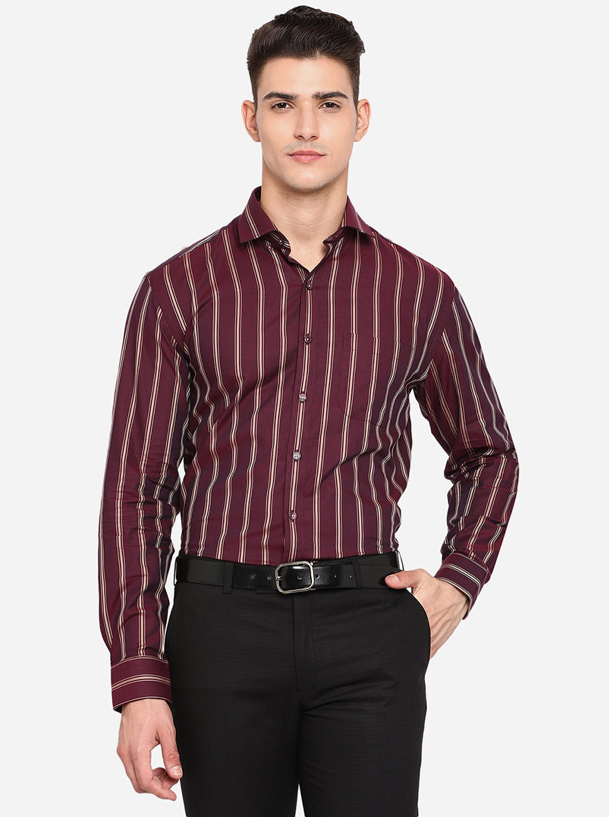 Maroon & Khaki Striped Regular Fit Formal Shirt | JadeBlue