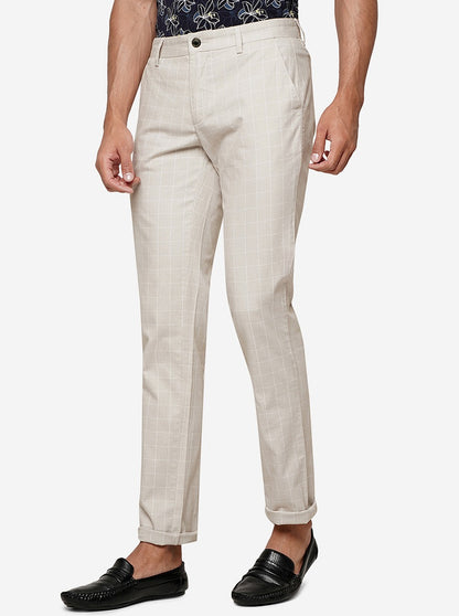 Cream Checked Uno Fit Casual Trouser | JadeBlue