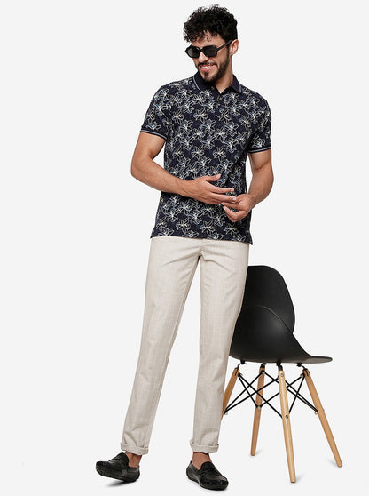 Cream Checked Uno Fit Casual Trouser | JadeBlue