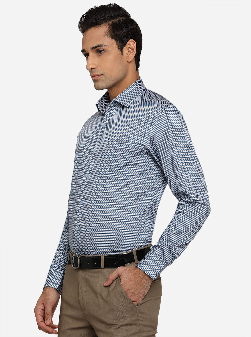 Allure Blue Printed Slim Fit Formal Shirt | Metal