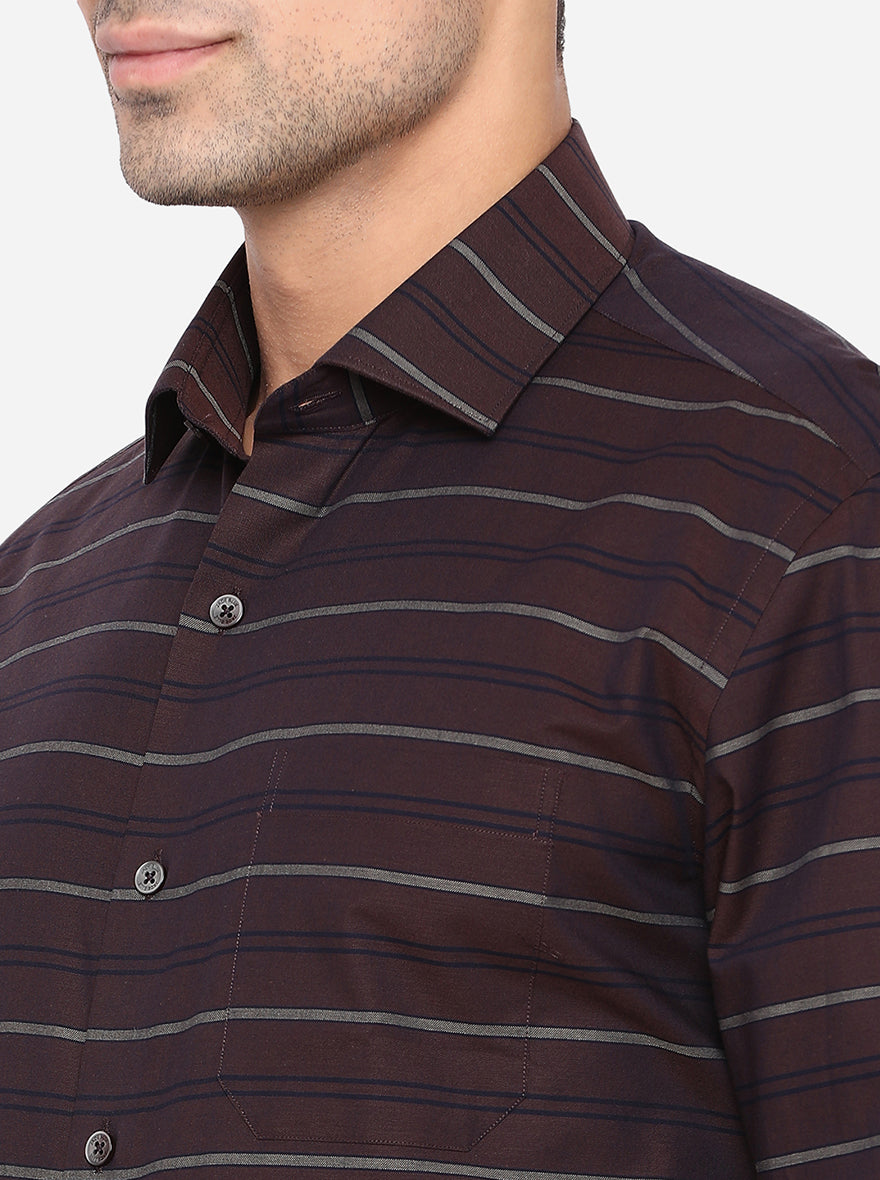 Coffee Brown Striped Slim Fit Formal Shirt | JadeBlue