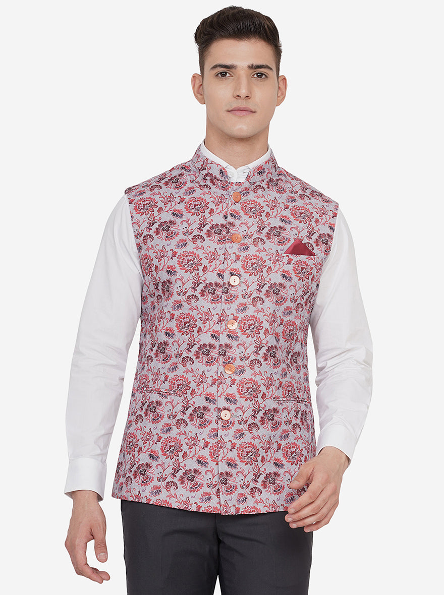 Grey & Red Printed Regular Fit Bandhgala Jacket | JB Studio