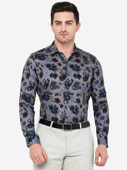 Grey & Black Printed Slim Fit Party Wear Shirt | JB Studio