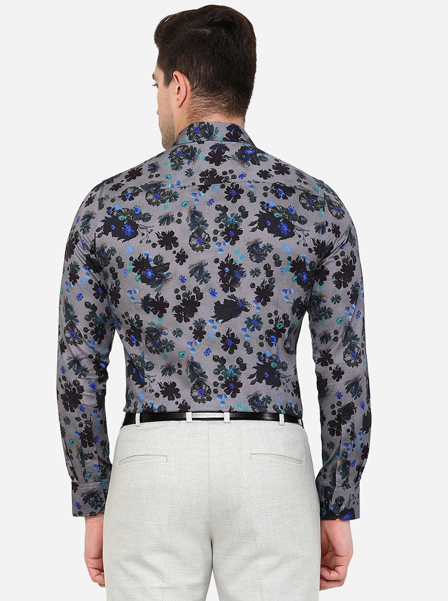 Grey & Black Printed Slim Fit Party Wear Shirt | JB Studio