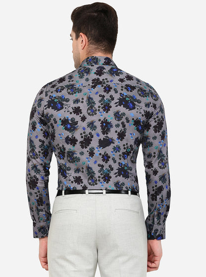 Grey & Black Printed Slim Fit Party Wear Shirt | JB Studio