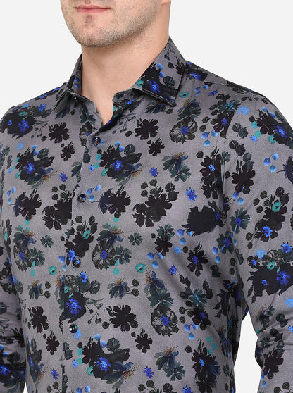 Grey & Black Printed Slim Fit Party Wear Shirt | JB Studio