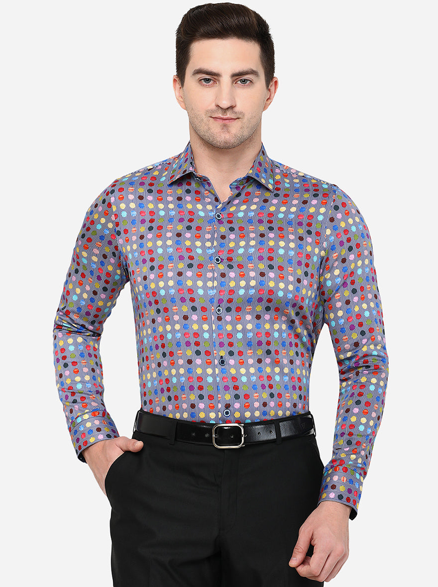 Grey Printed Slim Fit Party Wear Shirt | JB Studio