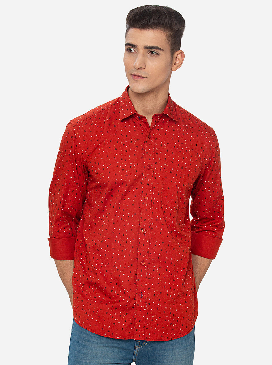 Red  Printed Slim Fit Casual Shirt | Greenfibre