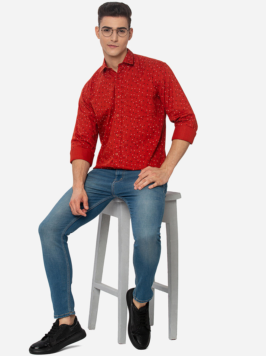 Red  Printed Slim Fit Casual Shirt | Greenfibre