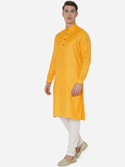 Musturd Yellow Self Textured Regular Fit Modi Kurta | JadeBlue