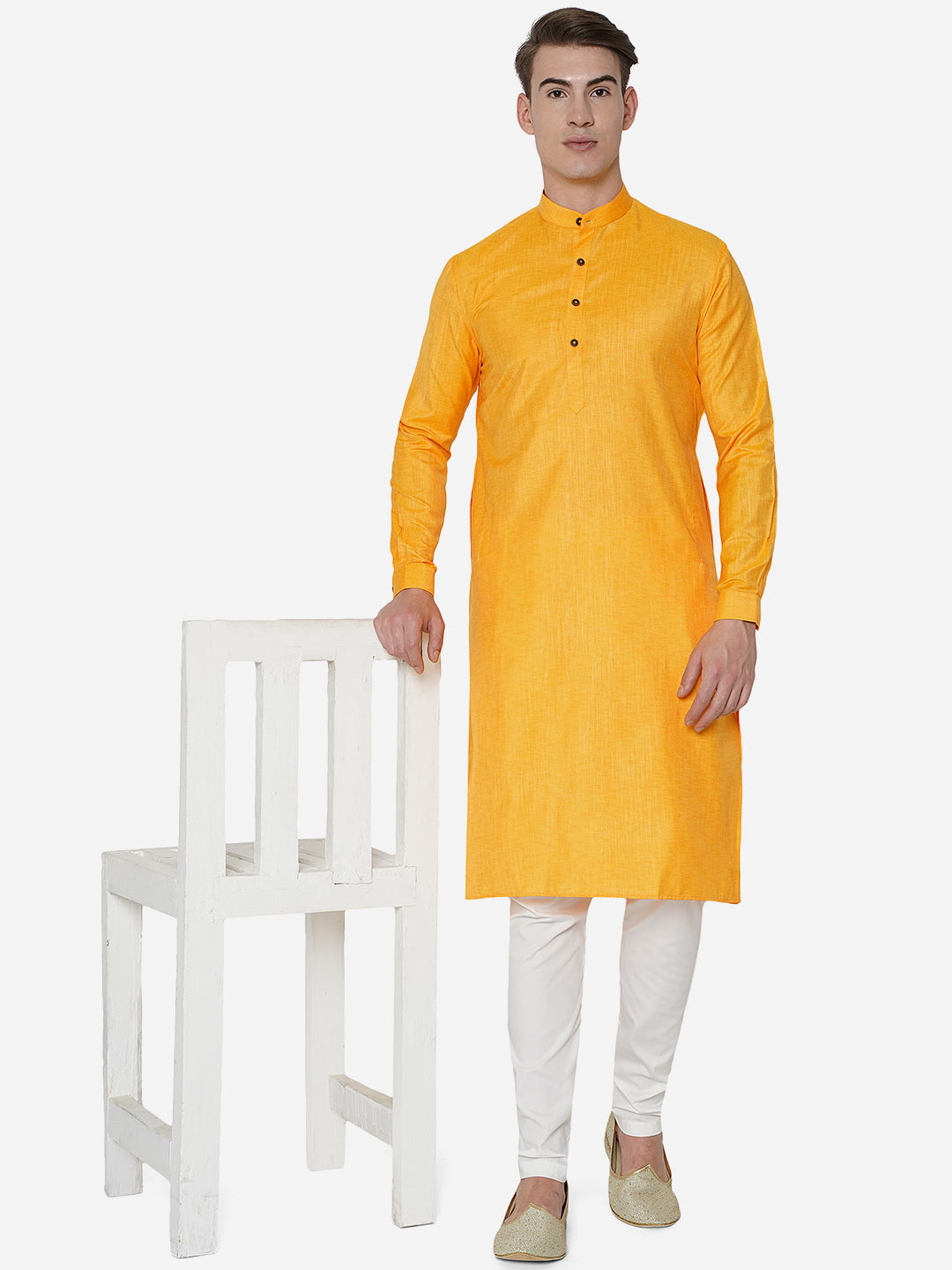 Musturd Yellow Self Textured Regular Fit Modi Kurta | JadeBlue