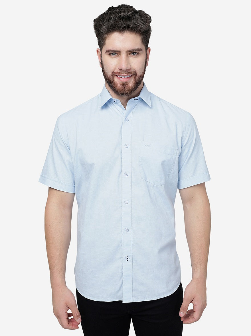Sky Blue Solid Slim Fit Semi Casual Shirt | JadeBlue